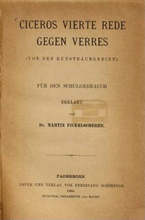 Ciceros vierte Rede gegen Verres : (von den Kunsträubereien)