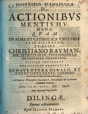 Disputatio peripatetica de actionibus mentis humanae