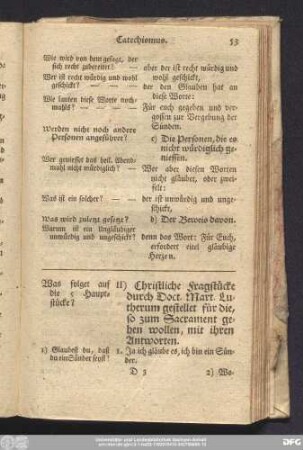 II) Christliche Fragstücke durch Doct. Mart. Lutherum gestellet für die, so zum Sacrament gehen wollen, mit ihren Antworten.