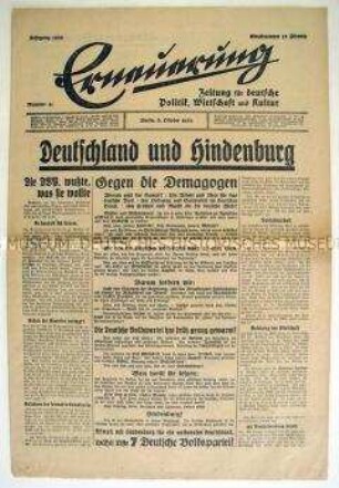 Wochenzeitung der DVP "Erneuerung" mit Wahlpropaganda für Hindenburg