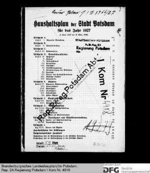 Haushaltsplan der Stadt Potsdam für das Rechnungsjahr 1927