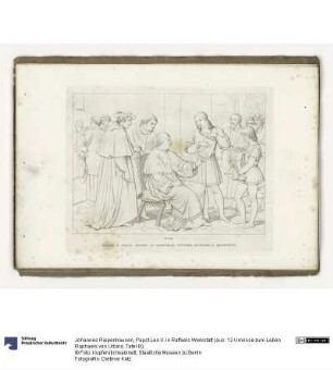 Papst Leo X. in Raffaels Werkstatt (aus: 12 Umrisse zum Leben Raphaels von Urbino. Tafel IX)