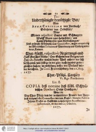 Lit: E. COPIA deß nomine deß Löbl. Schwädischen Directorij Orths Craichgau / ...