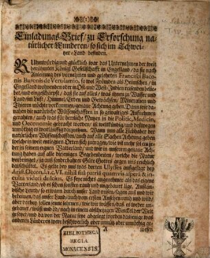 Einladungs-Brief, zu Erforschung natürlicher Wunderen, so sich im Schweitzer-Land befinden