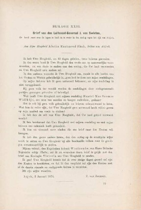 Bijlage XXII. Brief van den Luitenant-Generaal J. van Swieten, ...
