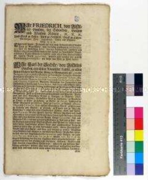 Edikt von Friedrich I. König von Schweden mit Bestätigung und Bekanntmachung des Edikts von Kaiser Karl VI. betreffend die im Reichstag von Regensburg verabschiedeten Verordnungen zur Abstellung von Mißbräuchen bei den Handwerkern, Handwerksknechten, -söhnen, -gesellen und -lehrknaben