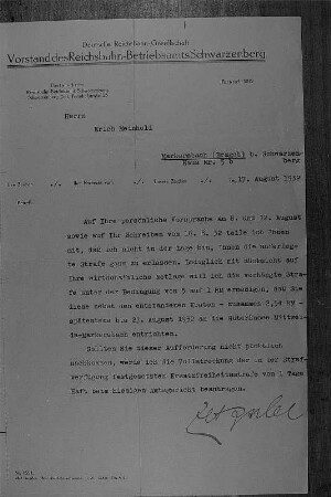 Strafermäßigung wegen wirtschaftlicher Notlage für den Arbeiterfotografen Erich Meinhold durch die Deutsche Reichsbahn-Gesellschaft vom 27. August 1932