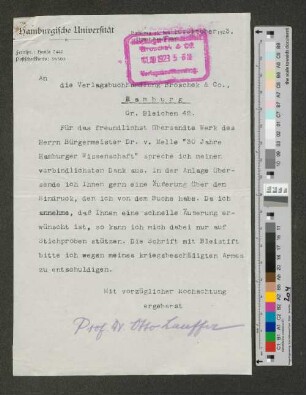 Brief an die Verlagsbuchhandlung Broschek & Co