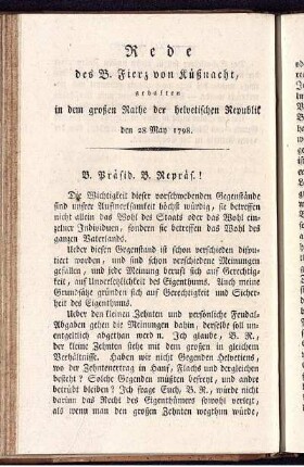 Rede des B. Fierz von Küßnacht, gehalten in dem großen Rathe der helvetischen Republik den 28 May 1798.