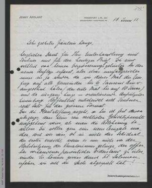 Brief von Jenny Apolant an Helene Lange