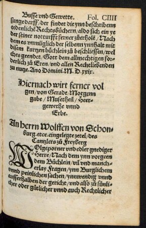Hiernach wirt ferner volgen/ von Gerade/ Morgenngabe/ Musetheil/ Heergewethe unnd Erbe.