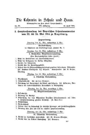 3. Hauptversammlung des Bayerischen Lehrerinnenvereins vom 22. bis 24. Mai in Augsburg
