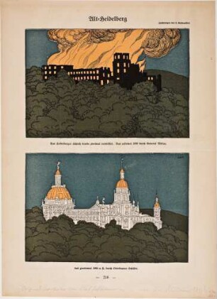 Heidelberg, Schlossbrand und visualisierter Wiederaufbau (Karikatur)