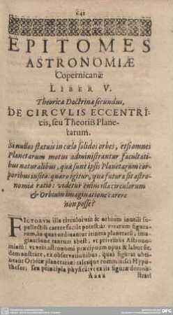 Liber V. Theoricae Doctrinae secundus. De Circulis Eccentricis, seu Theoriis Planetarum