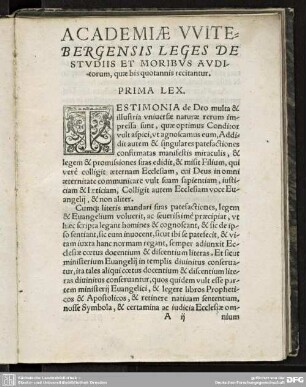 ACADEMIAE WITEBERGENSIS LEGES DE STUDIIS ET MORIBUS AUDITORUM, quaebis quotannis recitantur. PRIMA LEX - SEXTA LEX.