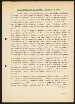 Stadthalle, Mülheim an der Ruhr Umbau: Schriftstück zur Stadthalle (mehrseitig)