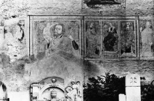 Wandbilder mit heiligem Christopherus : Wandbilder mit heiligem Christopherus. Fresko (1401/1415). Murau, Friedhofskirche Sankt Anna, Außenwand