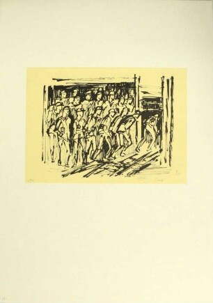 Lithografie einer Tuschezeichnung, Bergleute beim Betreten des Förderkorbes (Titel alter Karteikarte)