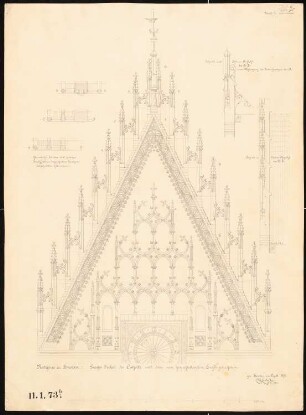 Rathaus, Breslau Umbau: Aufriss des Giebels der Ostfassade mit Teil-Schnitten und Teil-Grundrissen, Maßstabsleiste