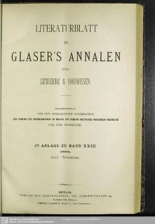 Literaturblatt 1te Anlage zu Band XXIII.1888. Juli – Dezember