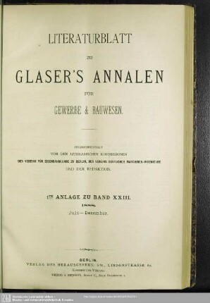 Literaturblatt 1te Anlage zu Band XXIII.1888. Juli – Dezember