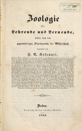 Zoologie für Lehrende und Lernende : faßlich nach dem gegenwärtigen Standpunkte der Wissenschaft