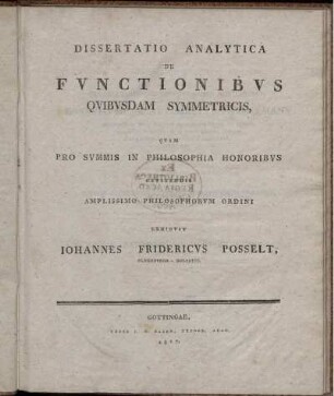 Dissertatio Analytica De Functionibus quibusdam Symmetricis