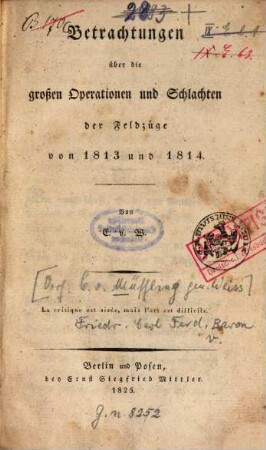 Betrachtungen über die grossen Operationen und Schlachten der Feldzüge von 1813 und 1814