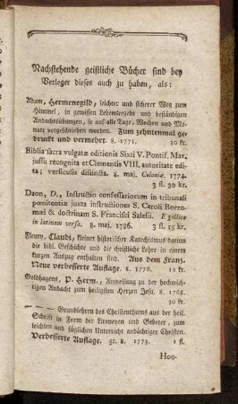 Nachstehende geistliche Bücher sind bey Verleger dieses auch zu haben, als:[...]