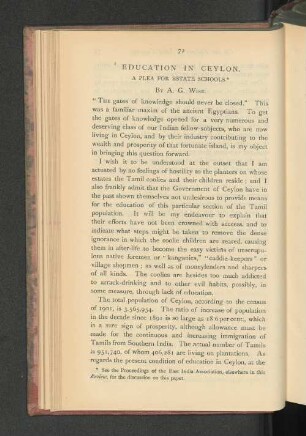 Education in Ceylon. A Plea for Estate Schools.