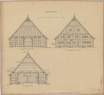 Schröttinghausen (Kreis Halle): Hof Heining. Haupthaus
                                 (Nordostansicht, Längsschnitt)