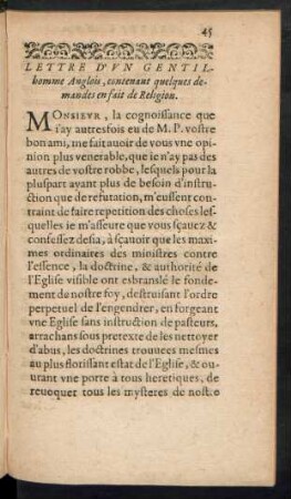 Lettre D'Un Genitlhomme Anglois, contenant quelques demandes en fait de Religion.