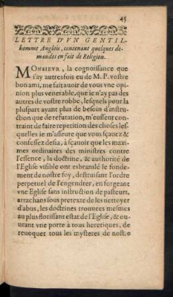 Lettre D'Un Genitlhomme Anglois, contenant quelques demandes en fait de Religion.