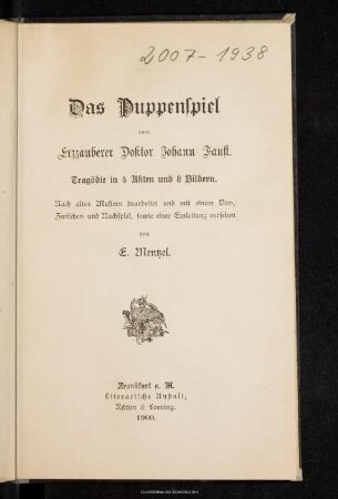 Das Puppenspiel vom Erzzauberer Doktor Johann Faust : Tragödie in 4 Akten und 8 Bildern