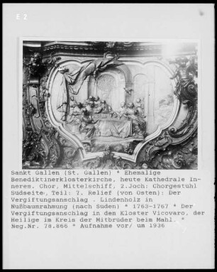 Chorgestühl, Rückwände mit Szenen aus dem Leben des Heiligen Benedikt, Nordseite, 7. Relief von Osten: Vergiftungsanschlag im Kloster Vicovaro