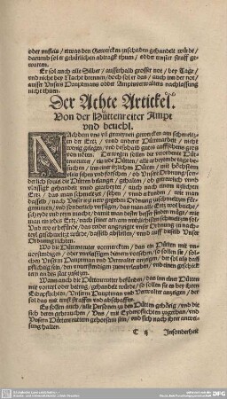 Der Achte Artickel. Von der Hüttenreiter Ampt und bevehl.