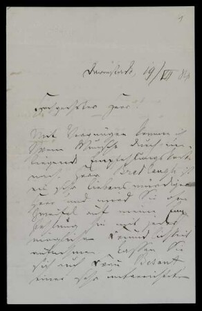 Nr. 1: Brief von Ludwig Büchner an Otto Adolf Ellissen, Darmstadt, 19.7.1888