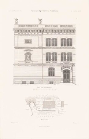 Gymnasialgebäude, Bernburg: Lageplan, Seitenansicht (aus: Atlas zur Zeitschrift für Bauwesen, hrsg. v. L.v.Tiedemann, Jg. 36, 1886)