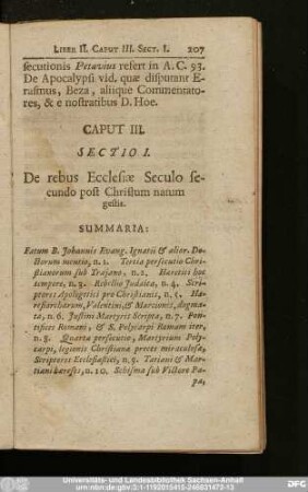 Sectio I. De rebus Ecclesiae Seculo secundo post Christum natum gestis.