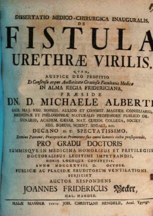 Dissertatio Medico-Chirurgica Inauguralis, De Fistula Urethrae Virilis