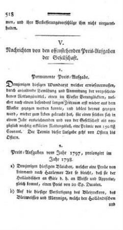 V. Nachrichten von den offenstehenden Preis-Aufgaben der Gesellschaft.