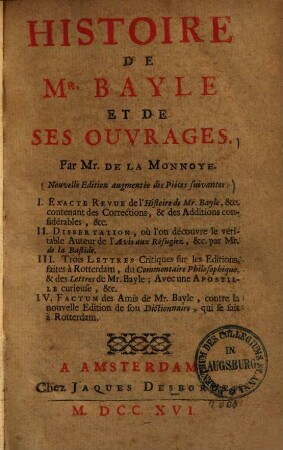 Histoire de Mr. Bayle et de ses ouvrages