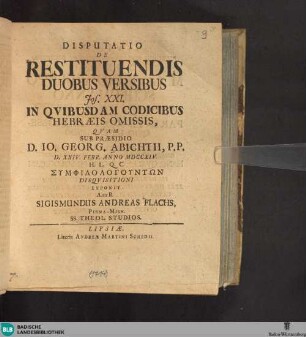 Disputatio De Restituendis Duobus Versibus Jos. XXI. In Quibusdam Codicibus Hebraeis Omissis