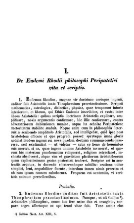 I. De Eudemi Rhodii philosophi Peripatetici vita et scriptis.