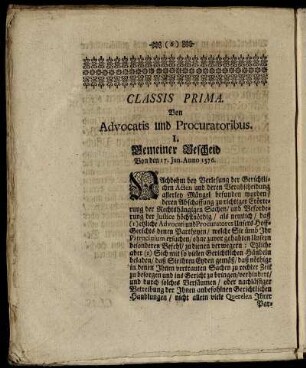 Classis Prima. Von Advocatis und Procuratoribus.