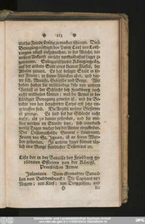 Liste der in der Bataille bey Friedberg getödteten Officiers von der Königl. Preußischen Armee.