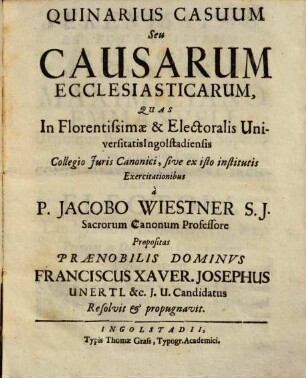 Quinarius Casuum Seu Causarum Ecclesiasticarum