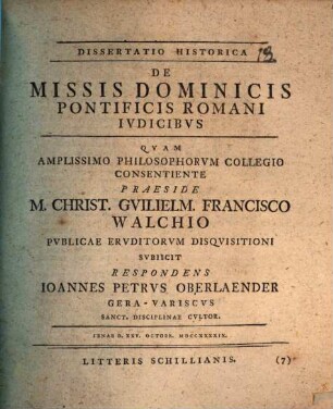 Dissertatio Historica De Missis Dominicis Pontificis Romani Ivdicibvs