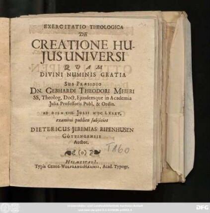 Exercitatio Theologica De Creatione Huius Universi