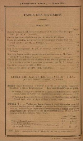 Table des matières. Mars 1891.
